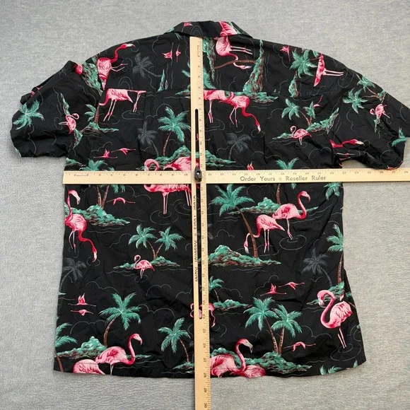 VTG Paradise Found Hawaiian Shirt Mens Large Black Flamingos Palm Trees Camp - Picture 6 of 7